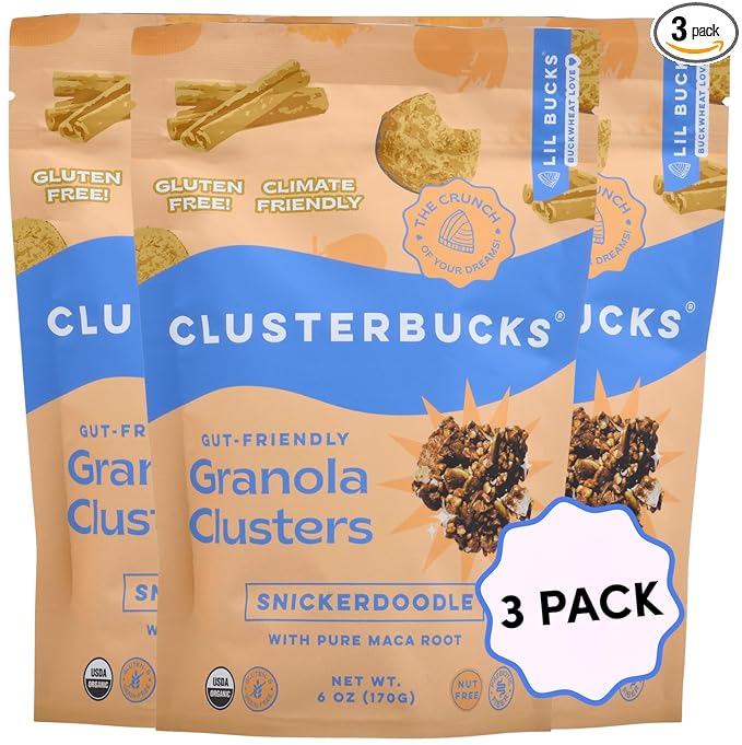Clusterbucks Superfood Clusters – Grain-Free, Keto-Friendly Granola with Regeneratively Grown Sprouted Buckwheat– Gluten-Free, Low-Carb, Organic Healthy Snack (3-Pack, Snickerdoodle)