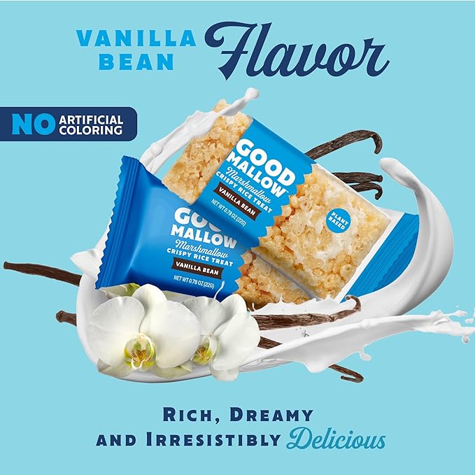 GoodMallow Vegan Rice Crispy Treats Individually Wrapped Box of 8, Kosher Vegan Snacks, Gluten Free Dairy Free Snacks for Kids & Adults - Healthy Sweets Made with Gourmet Marshmallows (Vanilla Bean)