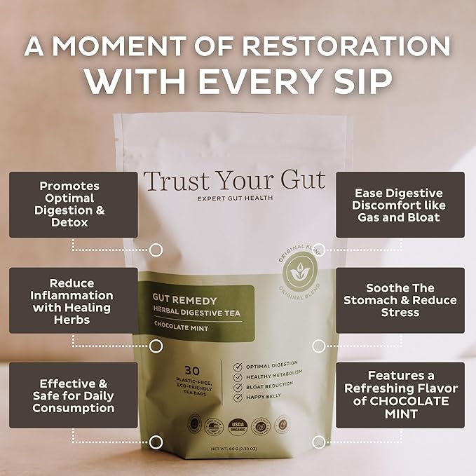 Trust Your Gut Organic Herbal Tea Blend with Lemon Balm, Holy Basil, Dandelion, Ginger Root – Liver Detox, Digestion & Gut Health Support, Gas Bloating Relief – Chocolate Mint, 30 Bags