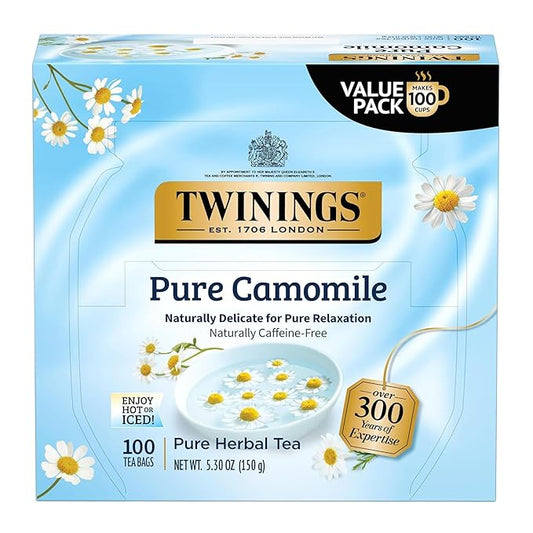 Twinings Pure Camomile Herbal Tea Individually Wrapped Bags, 100 Count (Pack of 1), Delicate for Pure Relaxation, Naturally Caffeine-Free, Enjoy Hot or Iced, 100 Teabags