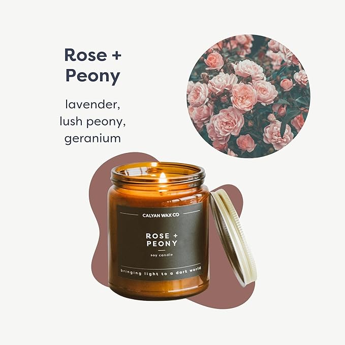 Calyan Wax Co. Soy Wax Candle, Rose + Peony Scented Candle, 57 Hour Burn Time, Aromatherapy Soy Candles, Non Toxic & Vegan Soy Wax, Amber Glass Jar Scented Candles, 7.2oz