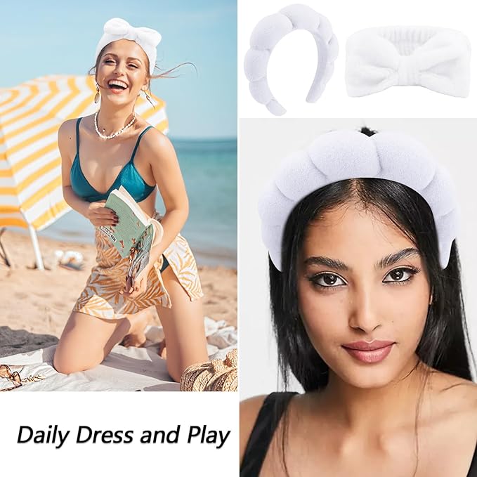VELSCRUN 6 Pack Spa Headband, Makeup Headband, Face Wash Headband, Skincare Headbands, White Sponge Hair Band Bow Tie Spa Headband for Washing Face Wristband Set Hair Accessories for Women Gifts