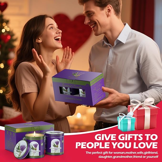 Lavender&Thyme Scented Candle Set | 2Pack 510g 8% Essential Oil, 80H Burn Time | Smokeless Clean-Burning Soy Wax Tin Jar Aromatherapy Candle for Relaxation & Sleep Aid | Candle Gift Set Women&Men