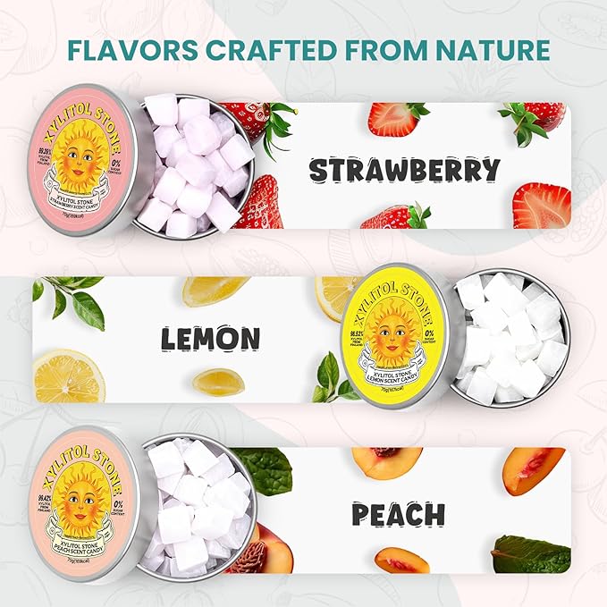 Xylitol Stone Sugar Free Candy - Vegan & Keto Friendly Unique Hard Candy - 100% Natural Flavor Candies - Gluten Free & Non-GMO Breath Freshener Low Calorie Mints - Pack of 3 (Peach, Strawberry, Lemon)