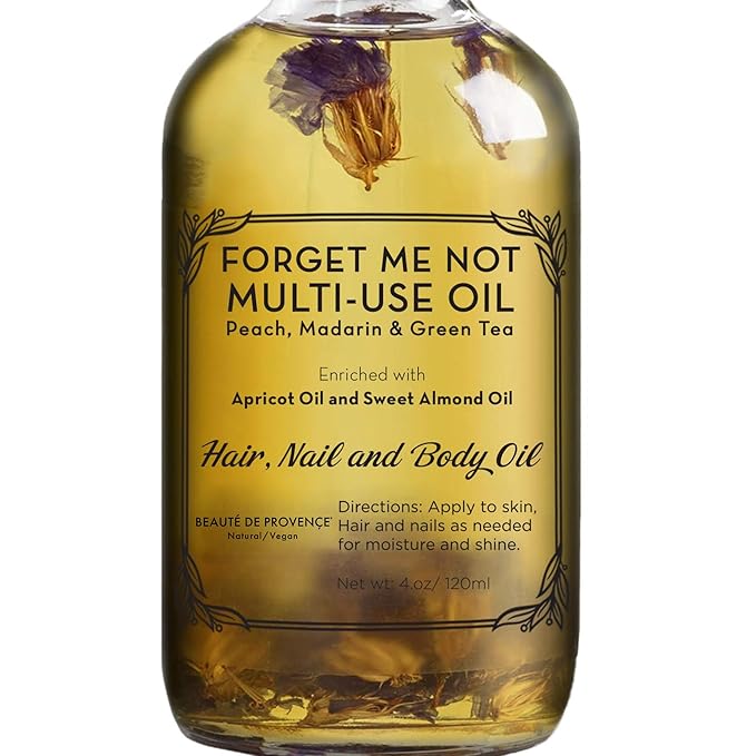 BEAUTE DE PROVENCE Multi-Use Oil for Face, Body and Hair - Forget Me Not - Organic Blend of Apricot, Vitamin E and Sweet Almond Oil Moisturizer for Dry Skin, Scalp and Nails - Peach, Mandarin and Green Tea - 4 Fl Oz
