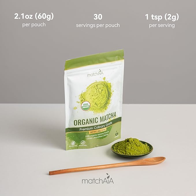 MatchAiA Organic Matcha Green Tea Powder - Premium Culinary Grade, USDA Certified, 100% Pure - Perfect for Lattes, Smoothies, Desserts and Baking - Sugar Free, Gluten Free (60g / 2.1oz Pouch)
