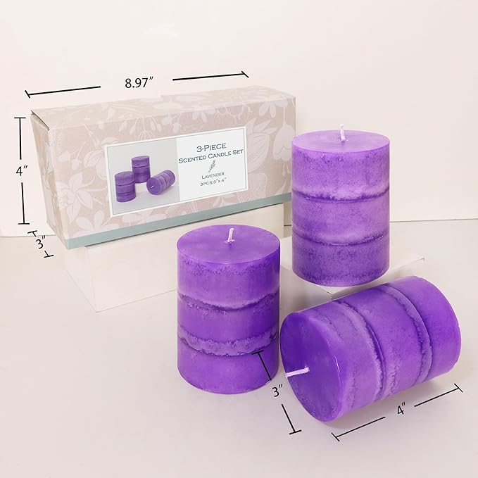 3" x 4" Handmade Pillar Candles Lavender Scented Purple Decorative Modern Aesthetic Long Clean Burning Fragrance Candle for Wedding Spas Meditations Christmas Home Decor,Set of 3
