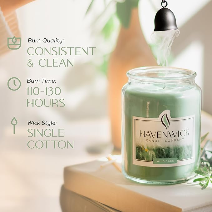 Havenwick Wild Sage Soy Blend 22-oz Large Jar Candle, Long Lasting 110-130 Hour Burn Time with Single Cotton Wick, Relaxing Scented Candles for New Home Gift & Housewarming Parties