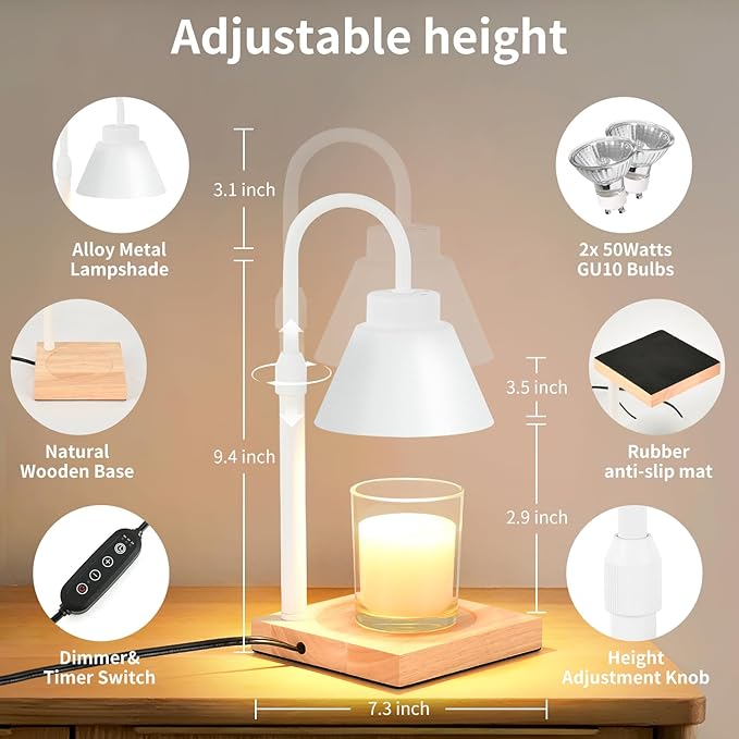 Candle Warmer Lamp with Timer Adjustable Height,Dimmable Candle Warmer for New Home Decor,Wax Warmer Lamp for Jar Candles with 2 Bulbs for Women Gift and House Warming Gift,White