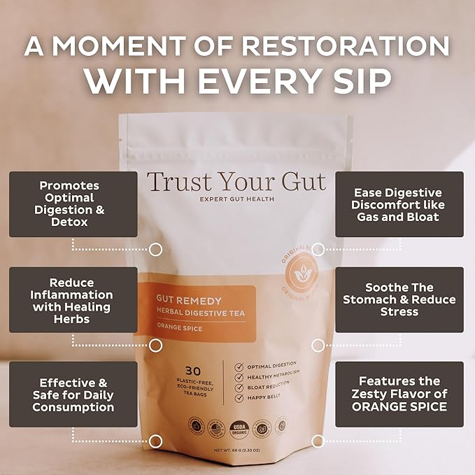 Trust Your Gut Organic Herbal Tea Blend with Lemon Balm, Holy Basil, Dandelion, Ginger Root – Liver Detox, Digestion & Gut Health Support, Gas Bloating Relief – Orange Spice, 30 Bags