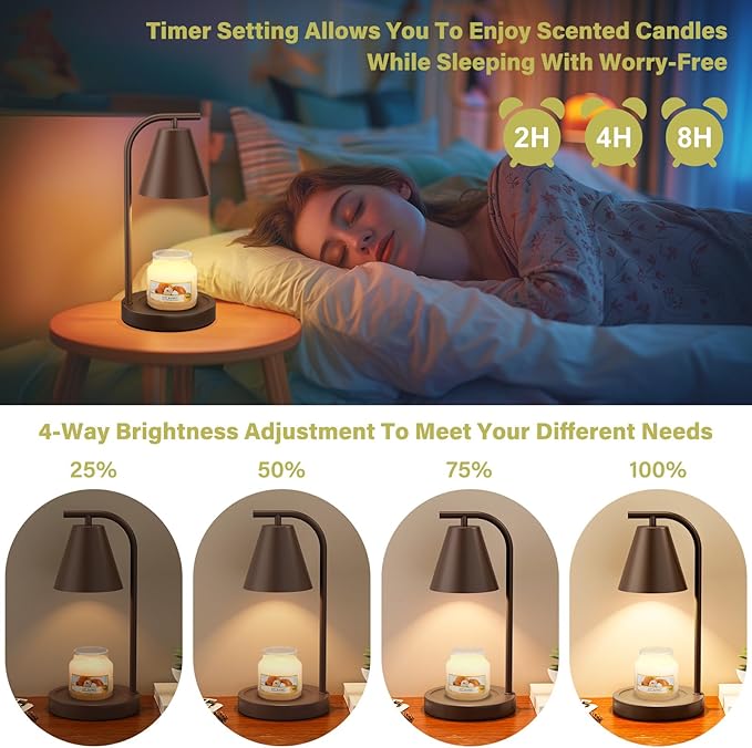 Candle Warmer Lamp with Timer - Electric Wax Melter for Jar Candles with 2 Bulbs, Flameless Scented Candle Warmer for New Home, Creates Cozy Ambiance, Modern House Warming Gift for Women (Brown)