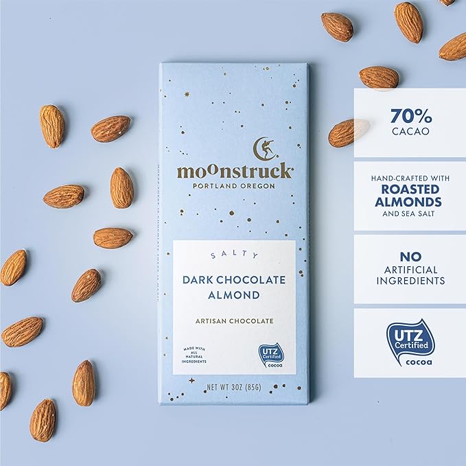 Moonstruck Chocolate Dark Chocolate Bar with Sea Salt and Almonds, 68% Cacao, 3.0oz (Pack of 4)
