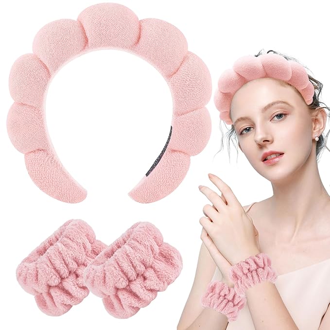 Zkptops Spa Headband for Washing Face Wristband Set Sponge Makeup Skincare Terry Cloth Bubble Soft Get Ready Hairband for Women Girl Puffy Padded Headwear Non Slip Thick Hair Accessory(Orange Pink-2)