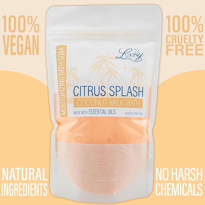 Luxiny Vegan Milk Bath Soak Made with Moisturizing Coconut Milk Powder, Essential Oil, & Sweet Almond Oil for Bath Bomb Dust Soothing Fizz & Relaxing Soak, 8 oz. (Citrus Splash)