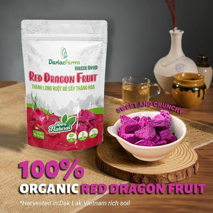 DARLAC FARMS Freeze Dried Red Dragon Fruit Cubes, 2 Oz x Pack 6, No Sugar Added, Healthy Fruit Snacks for Kids, Adults & All Ages, Premium Organic Crispy Crunchy Snacks, Tea, Baking, Smoothie, Yogurt
