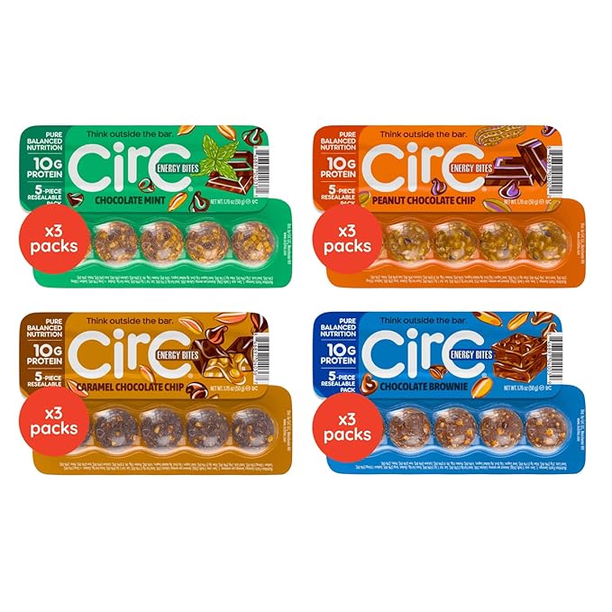 CirC Energy Bites - Chocolate Lovers Variety 12 Pack Gluten Free Protein Balls - 10g Protein, Whole Grains, Nuts & Fruit - Portable Healthy Snacks for Adults & Kids, 5 Piece Resealable Packs