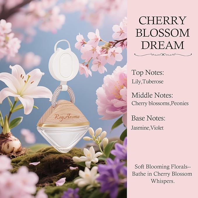 Car Air Freshener Hanging, Car Scent Diffuser with Adjustable Rope | Natural Essential Oil Auto Perfume for Men & Women | Long Lasting Non-Toxic Air Fresheners | Cherry Blossom