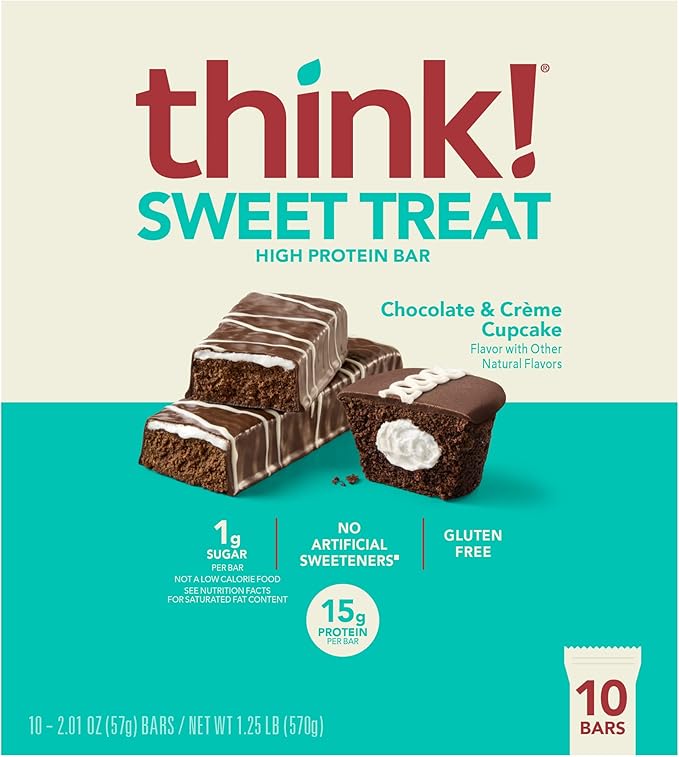 think! Protein Bars, High Protein Snacks, Gluten Free, Kosher Friendly, Sweet Treat, Chocolate & Creme Cupcake, 10 Count (Packaging May Vary)