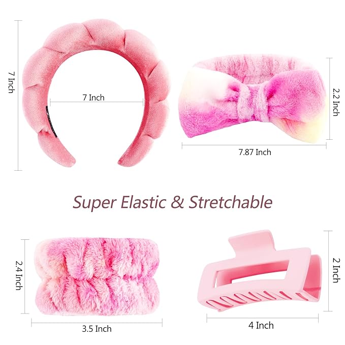 VELSCRUN Spa Headband, Makeup Face Wash Skincare Headbands, 5 Pcs Pink Colorful Sponge Bow Tie Get Ready HairBand Facial Wristband Hair Clips Set, Stuff for Teen Girls Women Trendy Hair Accessories