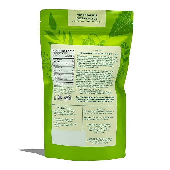 Worldwide Botanicals Hibiscus Citrus Zest Herbal Tea, 50 Tea Bags - Organic, Caffeine Free, Kosher, 50% More Herbs - 50 Tagless Eco-Friendly Tea-Bags