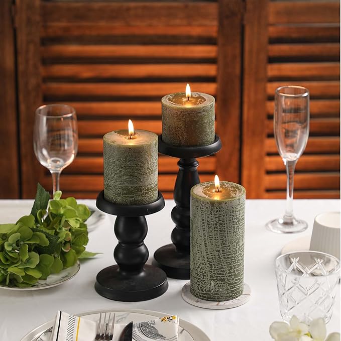 3x6 Inch Moss Green Pillar Candles - Set of 3, Long Clean Burning, Smokeless Dripless Candles for Spring Home Decor, Dinner Table, Bathroom, Rustic Decor