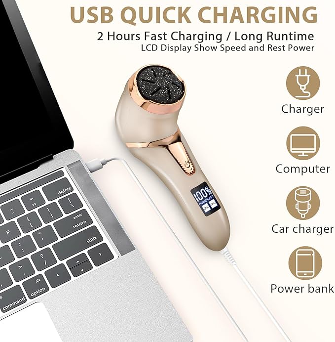 Callus Remover for Feet (with Dander Vacuum), Portable Pedicure Kit Foot File Callus Remover, Rechargeable Waterproof Foot File for Foot Care Deadskin Remover with 3Head&LCD Display, Gold