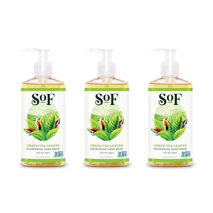 SoF Nourishing Hand Wash - With Moisturizing Sea Algae, Coconut & Olive Oil- Vegan & Non GMO- Free From Phthalates, Sulfates & Parabens- Green Tea Leaves - 8 oz Bottle 3 Pack