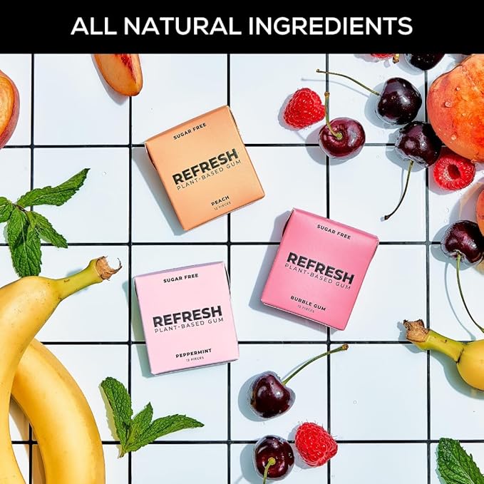 Refresh Gum, Xylitol, Natural, Sugar Free, Chewing Gum, Plastic Free, Natural Flavors & Organic Ingredients, Non GMO, Gluten Free, Vegan, 12 Count (Pack of 5), Fruit Variety Pack