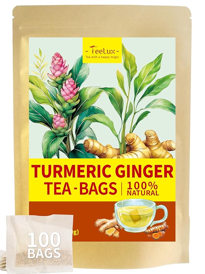 TeeLux Turmeric Ginger Tea Bags, Pure Natural Turmeric Ginger Herbal Tea, Spicy & Smooth Flavor, Caffeine Free, 100 Count