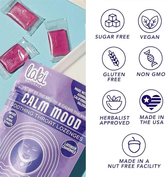Laki Naturals Lavender Chamomile Calm Mood Functional Herbal Lozenges (2 Pack) Throat & Mood Calming Hard Candies with Magnesium, Ashwagandha, California Poppy & Valerian