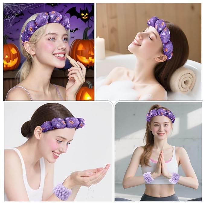 Zkptops Spa Headband for Washing Face Wristband Set Sponge Makeup Skincare Velvet Fabric Bubble Get Ready Hairband Puffy Headwear Non Slip Thick Thin Hair Accessory Gift for Women Girls(Halloween)