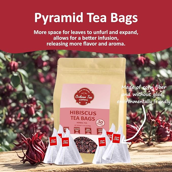 Ovikaso Tea, Hibiscus Tea Bags, Roselle Tea, 50 Pyramid Tea Bags, 2g/bag, 100% Natural, Non-GMO, No Caffeine, Brew Hot or Iced Tea, Baking, Cocktail, Rich in Antioxidants