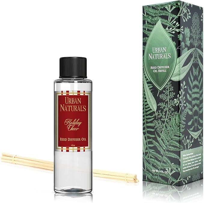 Urban Naturals Reed Diffuser Oil Refill, Holiday Cheer Diffuser Oil with Cranberry, Cinnamon, Evergreen, 4 oz + Free Reed Sticks, Made in The USA