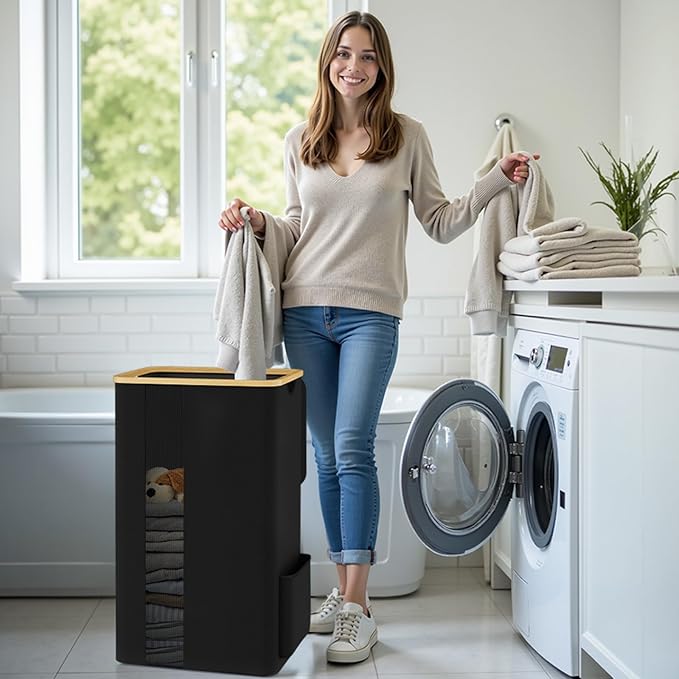 Laundry Basket Clothes Hamper with Lid and Removable Bag Large Collapsible Laundry Baskets with Handle, Freestanding Hampers for Bedroom Aesthetic, Dorm, Bathroom, Laundry Room 100L (Black)