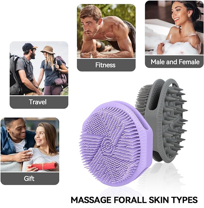 2-Pack Soft Silicone Dual-Sided Body Scrubber & Loofah | Gentle Exfoliating Shower Brush for Men & Women | Creates Rich Lather, Easy to Clean (Gray & Purple)
