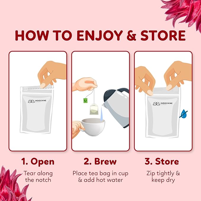 Indochine Blends Hibiscus Tea Bags | 100% Pure Hibiscus Flower | Sugar-Free, Caffeine-Free Herbal Tea | Double Chamber, Individually Wrapped Bags| Rich in Natural Goodness and Flavor | 3.5 oz | 50 Tea Bags