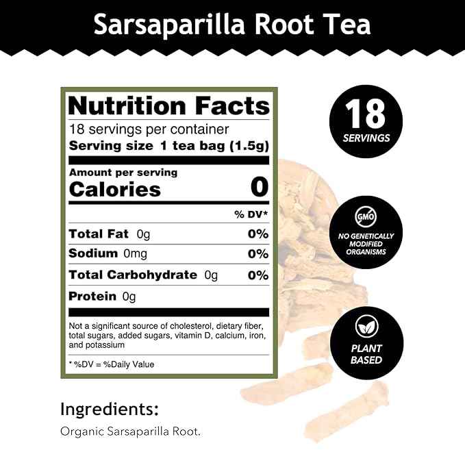 Buddha Teas - Organic Sarsaparilla Root Tea - Herbal Tea - Digestion & Skin Health - With Antioxidants & Minerals - Clean Ingredients - Caffeine Free - OU Kosher - 18 Tea Bags (Pack of 1)