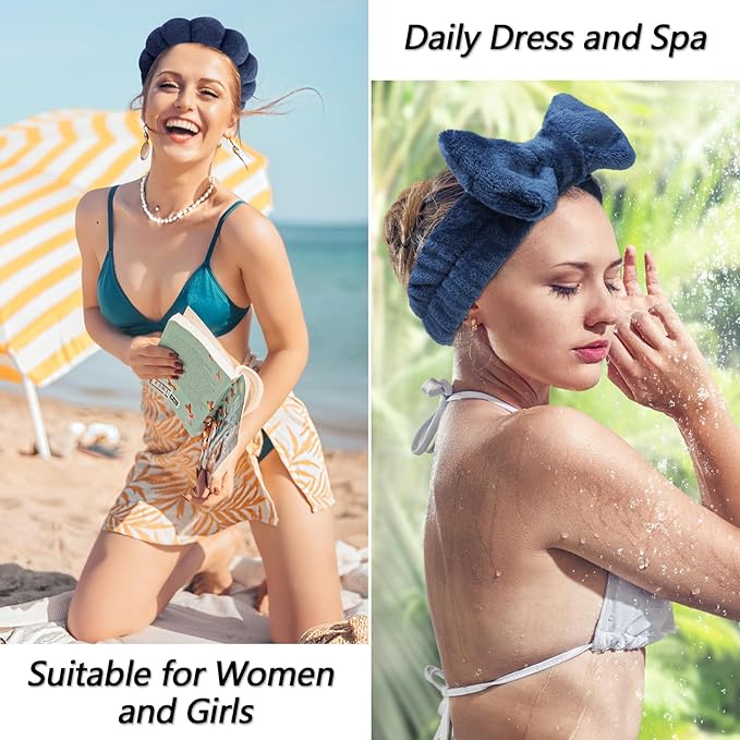 VELSCRUN Spa Headband, Makeup Face Wash Skincare Headbands, 6 Pcs Dark Blue Sponge Bow Tie Get Ready HairBand Facial Wristband Set, Stuff for Teen Girls Women Trendy Fashion Hair Accessories