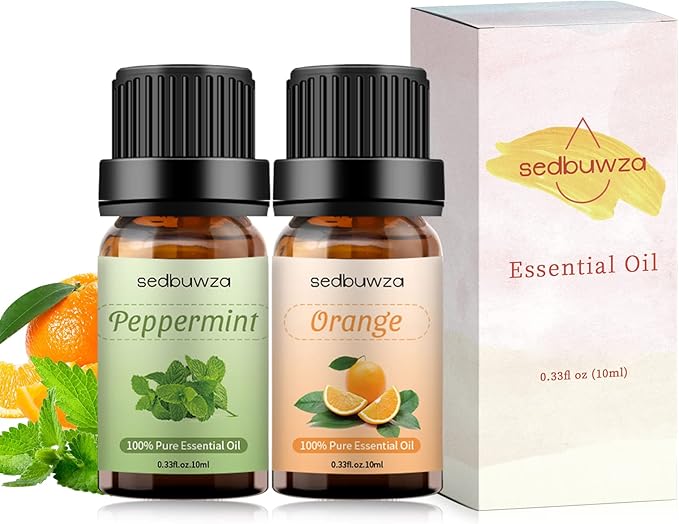 Sedbuwza Peppermint Orange Essential Oil Set, Peppermint Fragrance Oil Orange Scent Oil Set for Diffuser, Aromatherapy, Massage, Soap, Candle Making 2 x 10 ml