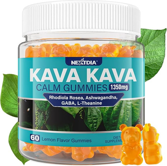 Kava Kava Gummies, Sugar Free Calm Gummies w/Rhodiola Rosea, Ashwagandha, L-Theanine, GABA, Melatonin-Free Kava Blend for Relaxation, Calm and Focus - Alternative to Kava Powder Capsules, Vegan 60 Cts