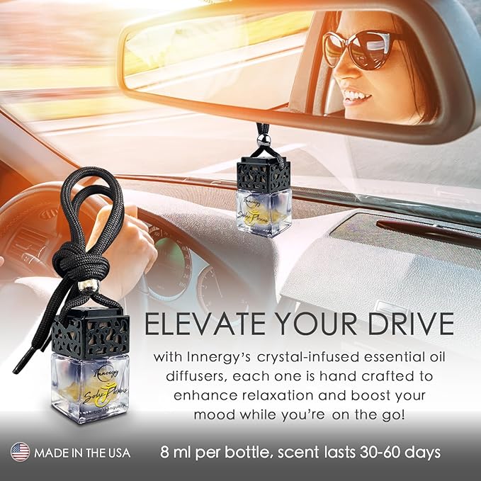 Innergy Solar Plexus Chakra Crystal Infused Car Air Freshener - Portable 8 ml. Hanging Essential Oil Diffuser for Vehicle, Long-Lasting Fragrance, Eco-Friendly Design, Freshness On The Go!