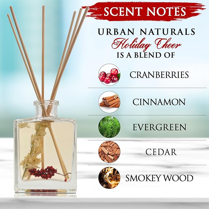 Urban Naturals Holiday Cheer Reed Diffuser Set – Cranberry, Cinnamon, Evergreen, Cedar & Smokey Wood – Made with Essential Oils – Sleek Rectangular Refillable Glass Bottle – Made in The USA