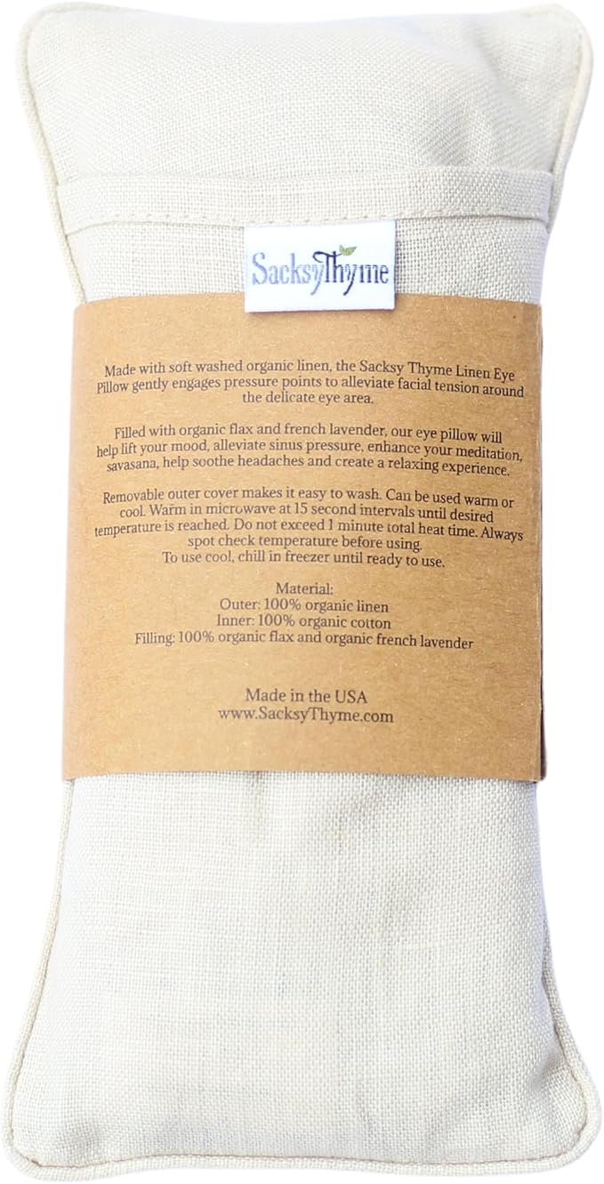 Sacksy Thyme Organic Linen Eye Pillow - Lavender & Flaxseed for Relaxation, Yoga, Stress Relief - Microwavable Heating Pad & Cool Compress - Made in USA - Gifts for Meditation