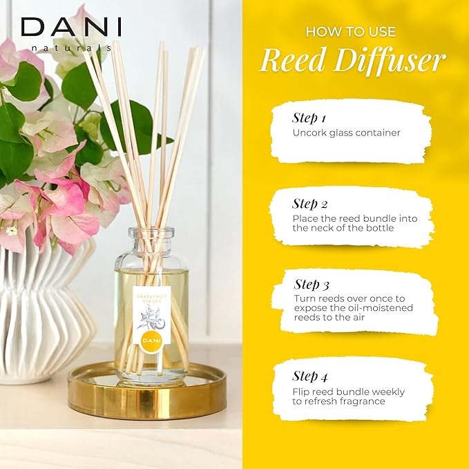 DANI Naturals Reed Diffuser Set - Vanilla Sandalwood Scent - Aromatherapy Essential Oils - Alcohol-Free, Non-Toxic - 10 Sticks - 3.5 oz