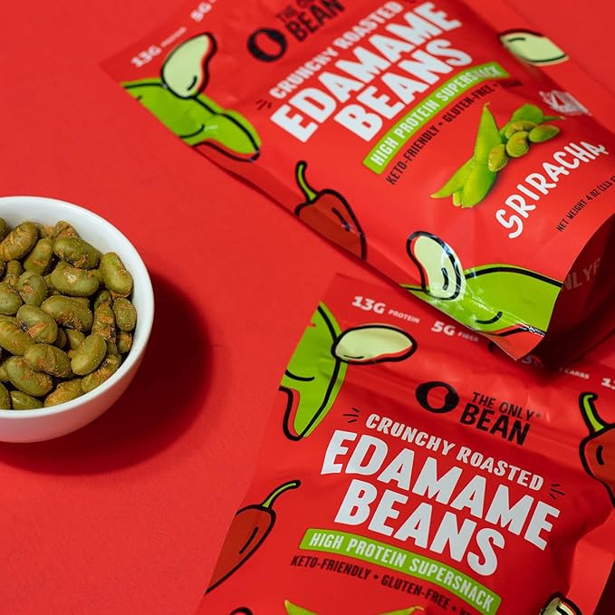 The Only Bean Crunchy Roasted Edamame Snack (Sriracha), High Protein Snacks (13g) Healthy Protein Chips, Keto Friendly Food (2g Net), Plant-Based Vegan Snacks, Office Snacks, Spicy Snack, 4oz (3 Pack)