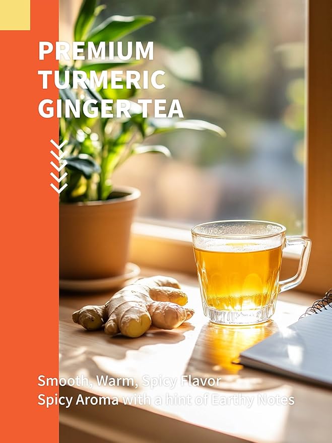 HYNTMYT Turmeric Ginger Tea Bags, Herbal Blend of Turmeric & Ginger Root, Warm & Light Spicy Flavor, Caffeine Free, 120 Count