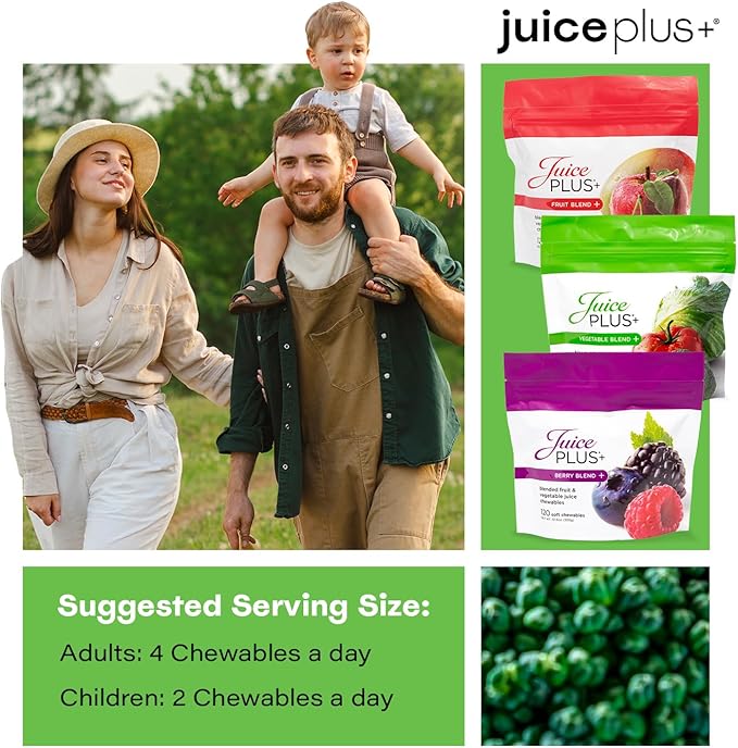 JuicePlus+ Fruit, Vegetable & Berry Blend Soft Chews (Chewables) - 30 Plant-Based Ingredients! Vegan Gummies for Kids & Adults - Gluten-Free, Non-GMO, No HFCS - Prepacked 3 pouches (30 Chews Each)