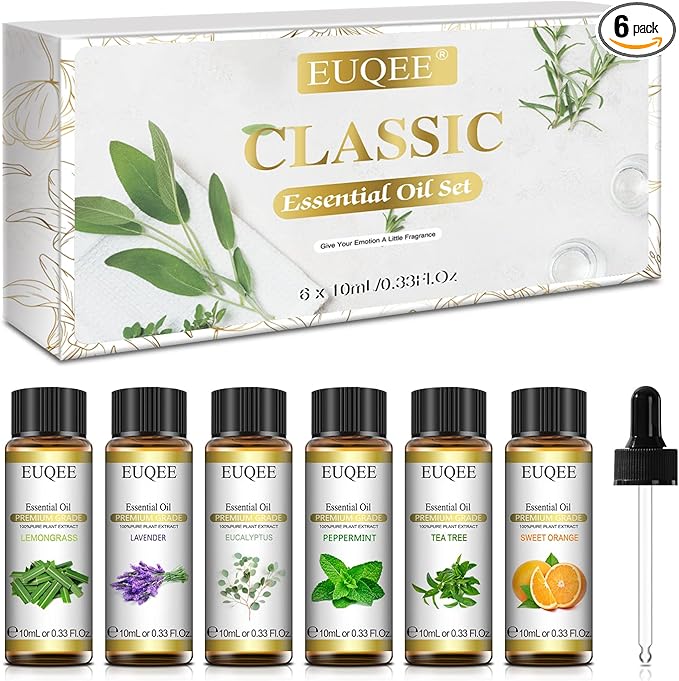 EUQEE Classic Essential Oil Set of 6 Pure Essential Oil Gift Set for Diffusers, Soap Candle Making - Lavender, Eucalyptus, Peppermint, Tea Tree, Sweet Orange, Lemongrass Aromatherapy Oils -10ml