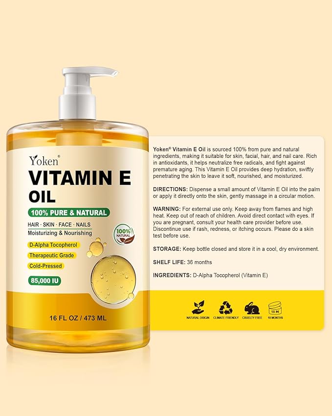 Vitamin E Oil 16 Fl Oz Organic Vitamin E Oil for Skin 85,000 IU Bulk Vitamine oils for Scars Hair,Face,Nail,Cold Pressed Hexane Free Formula Liquid Perfect Scalp Care Bath and Body oils