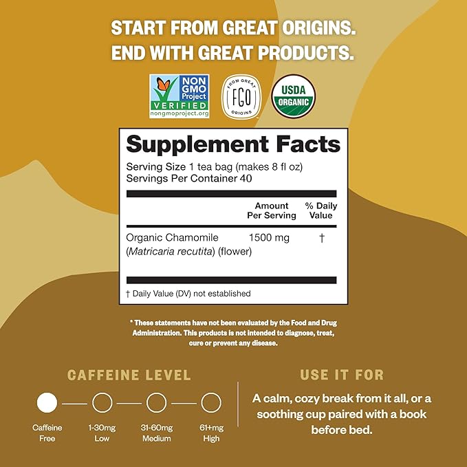 FGO Organic Chamomile Tea, 40 Count, Eco-Conscious Tea Bags, Resealable Bag (Pack of 1)